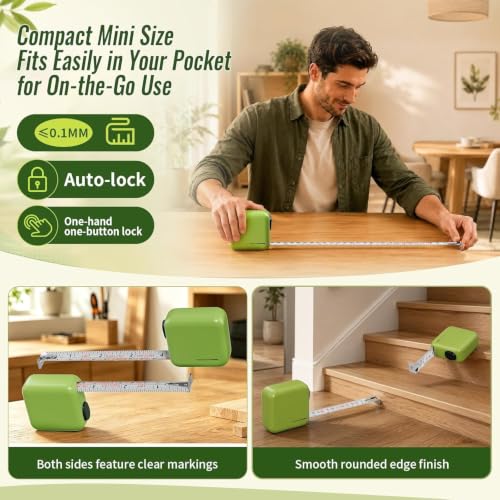 GRENPRO Self-Locking Tape Measure, 10ft/3m Dual Scale, Stiff Blade Green | Shock-absorbent ABS case, nylon coating, rigid blade extends straight without sagging, for carpentry, layout & renovation - color: Green