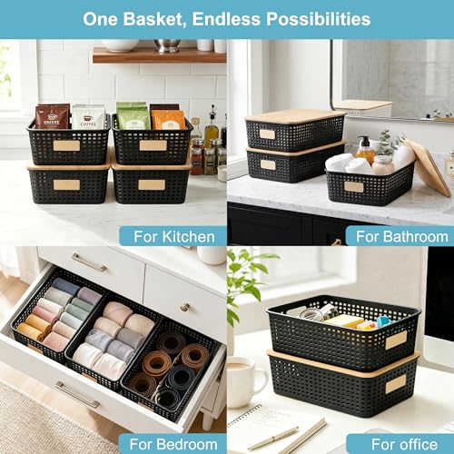 Bagnizer 4 Pack Plastic Storage Bins with Bamboo Lids, 6.2qt Stackable Storage Organizer Box with Lable for Pantry Shelves Drawers Desktop Office, 12"L x 8.3"W x 3.5"H, Black - color: Black, size: Shallow- 4 Pack