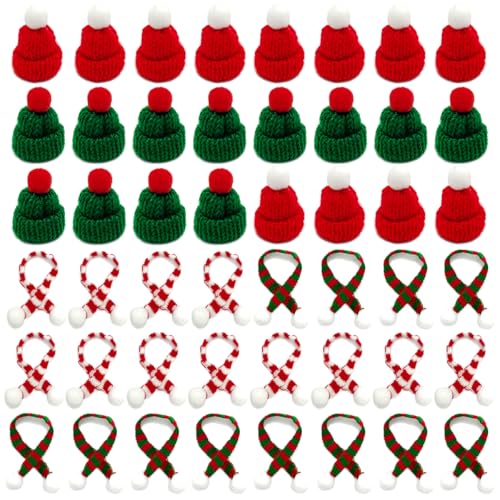 Yxtwaeh 48 Pcs Mini Santa Hats and Scarves for Christmas Crafts Mini Knit Doll Hat Scarf for Christmas Tree Ornaments Wine Bottle Toppers, Red and Green