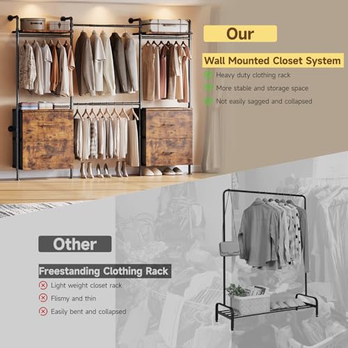 ONBRILL T4 Wall Mounted Closet System with 4 Large Drawers & 4 Hanging Rods | Adjustable from 4'4'' to 5'9'', Industrial Pipe Clothing Rack with 8 Wood Shelves, Heavy Duty Closet Organizers, Rustic Brown - color: Rustic Brown