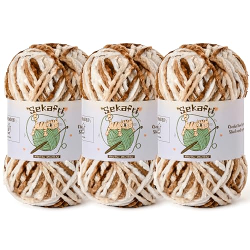 3 Pack Fuzzy Chenille Yarn for Crocheting,Velvet Baby Blanket Yarn for Crocheting,Soft Plush Yarns for Hand Knitting,(300 g/393yds) Fluffy Amigurumi Crochet Yarns (3 White Coffee) - color: 3 White Coffee