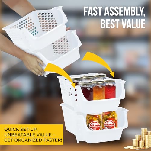 Skywin Stackable Storage Bins Open Front for Pantry Storage, 4 Pack - White | Sturdy Plastic, Easy Stacking, Breathable & Open Front Design, Pantry Storage for Snacks, Toiletries, and Small Essentials - color: White