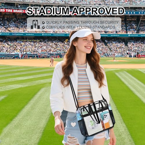 Clear Bag for Stadium Events 12×6×12 Clear Tote Bag | See Through Bag with Removable Shoulder Strap for Concert,Sport,Festival - color: Black, style: Upgrade Main Pocket