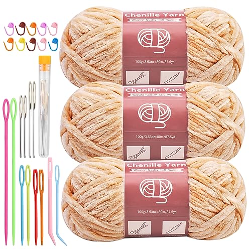 LUNARM Chenille Yarn 3 Pack 3.5oz Chunky Blanket Velvet Yarn 263 Yard | Light Brown Chunky Chenille Yarn for Beginners Crocheting Hand Knitting Scarves with Big Eye Needles Machine Washable - color: Light Brown