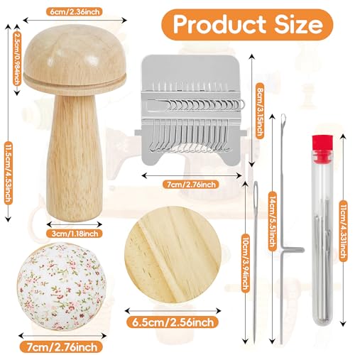 Mini Darning Loom,Handcraft DIY Weaving Repair Darning Kit for Beginner | Mushroom Knit Patch Kit with 14 Hooks Small Weaving Loom 14 Large Eye Needles 50 Color Threads 1 Floral Print Cushion - color: Mushroom-14 Hook