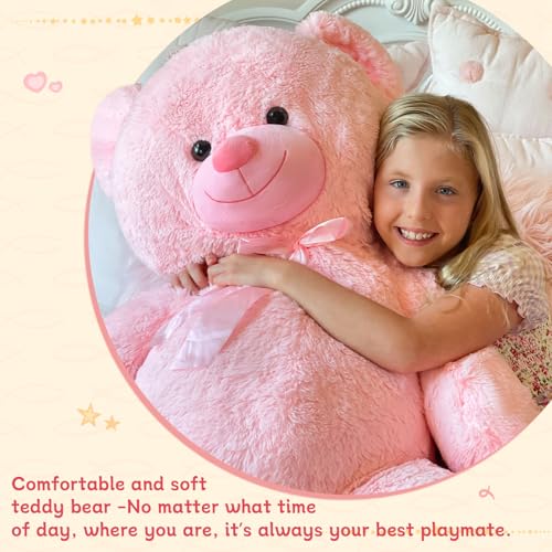 MorisMos 47inch Giant Teddy Bear Stuffed Animal 4ft, Big Teddy Bear Plush for Baby Shower, Cuddly Large Stuffed Bear Gifts for Kids, Girls, Girlfriend, Women on Valentine, Christmas, Birthday（Pink） - color: Pink, size: 4 ft
