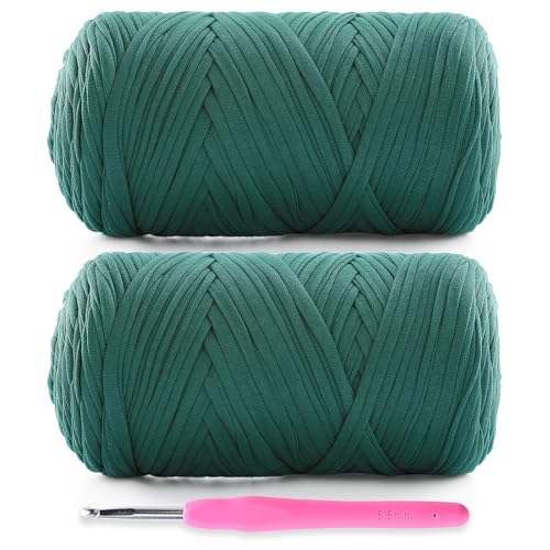 2 Pack Soft T-Shirt Yarn for Crochet, T Shirt Yarns for Crocheting Crafts, Bags, Basket, Coaster, Tshirt Yarns - 800 G/260 Yds with 1 Crochet Hook (2, Black Green) - color: Black Green