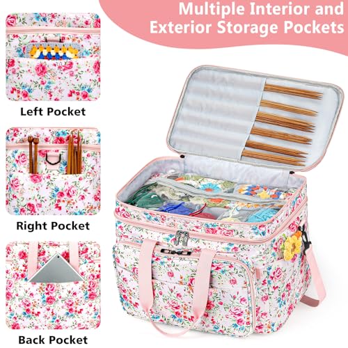 Crochet Organizer Bag with Yarn Holder, Large Yarn Storage for Accessories | 3PCS Crochet Knitting Bag with Accessory Pouch for Hooks, Needles, Travel Tote, Crochet Lovers, Gift for Crafters, No-Tangle - color: Pink