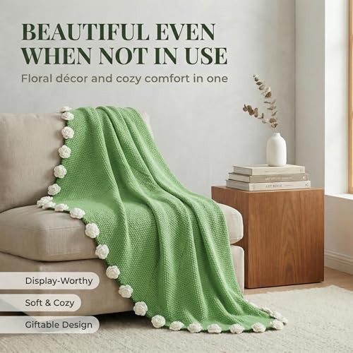 Camellia Crochet Flower Bouquet Blanket, Handmade Knitted Throw Blanket | Christmas, Valentines, Mothers Day, Birthday Unique White Camellia Gifts for Mom Wife Grandma Best Friend Teacher, 43 Inch - color: Camellia, size: Medium