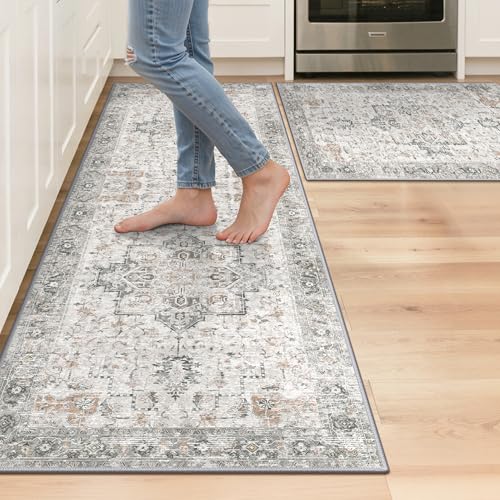 GENIMO Kitchen Rugs Set of 2, Washable Non Slip Cushioned Mats for Floor | 20"x32"&20"x59", Light Taupe Brown vintage boho rug, soft faux cashmere, easy-clean for laundry, entryway, sink, farmhouse - color: Light Taupe Brown, size: 20"x32"+20"x59"