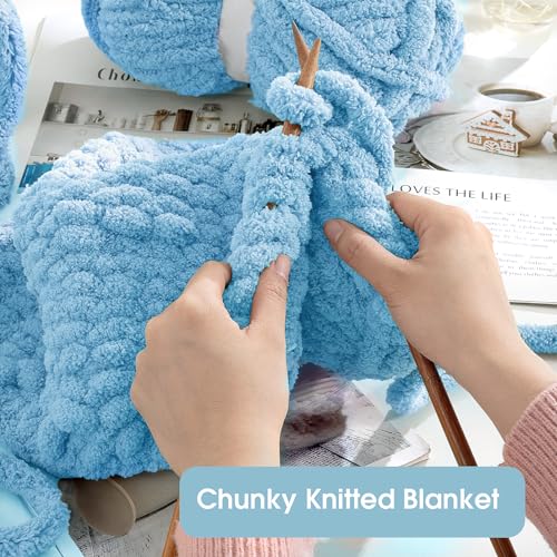 HOMBYS Sky Blue Chunky Chenille Yarn for Hand Knitting,Fluffy Soft Jumbo Yarn Crocheting,Super Bulky Big Yarn for Chunky Blanket,Large Thick Arm Knitting Yarn,8 Pack Plush Yarn - color: Sky Blue