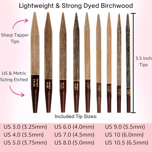 Lykke Umber 3.5-inch Interchangeable Circular Knitting Needle Set | Standard US 3, 4, 5, 6, 7, 8, 9, 10, 10.5 Umber Case, Birchwood Semi-Sharp Tips, Smooth Joins, Swivel Cables, Project Bag - color: Umber-with-Umber-Case