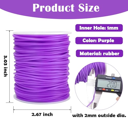 Hollow Rubber Tube Cord 54 Yards 2mm Purple Rubber Saver with 1mm Hole | Tubing Knitting Barber Cord Stitch Keeper Hollow Rubber Pipe with Spool for Knitting Projects Jewelry Making Bead Creations - color: Purple