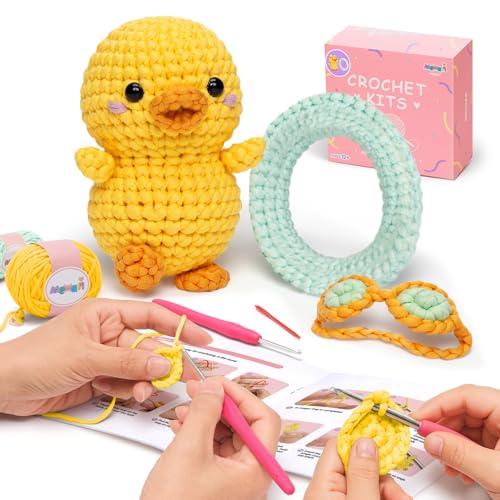 Mewaii Summer Duck Crochet Kit for Beginners, 40% Extra Yarn | Video Tutorial, Pre-Started Piece, Gift Box, Level 1 Starter Kit, Family Craft for Adults, Kids & Beginners - color: Blue and Yellow