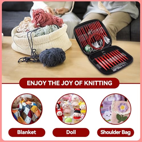 Interchangeable Knitting Needle Set with Circular Cable for Crafters, 13 Circular Knitting Needles with 4 Cables for Beginner, DIY Crafts, 3-10 mm Aluminum Red Needle Set