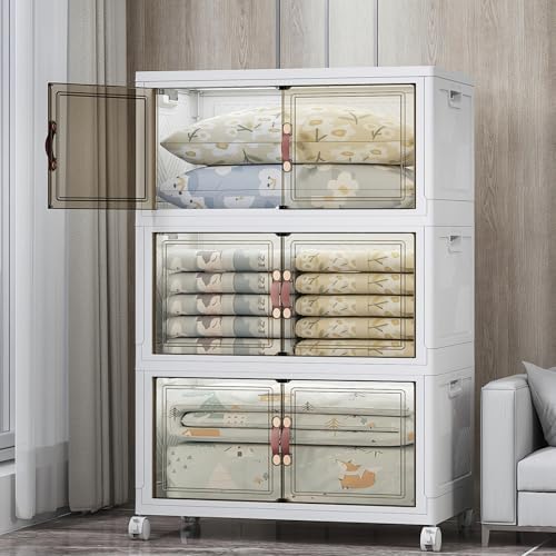 UAMFURI Stackable Storage Bins, 525QT Collapsible Drawers with 1 Lid | Large Capacity, Magnetic Door, Stack Lock, Rolling Wheels, Foldable Design, Organizers and Storage for Bedroom Dorm Garage - color: White-175QT, size: 3Pack with 1 top lid