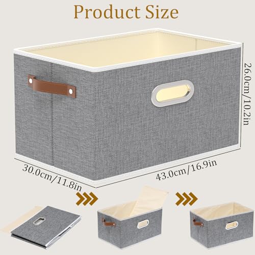Yawinhe Foldable Storage Baskets for Shelves,16.9x11.8x10.2in,Grey,4-Pack | Collapsible Storage Bins for Towels, Container with Leather Handle for Organization, Fabric Rectangle Boxes for Home - color: Grey, size: 16.9x11.8x10.2inch(4-Pack)