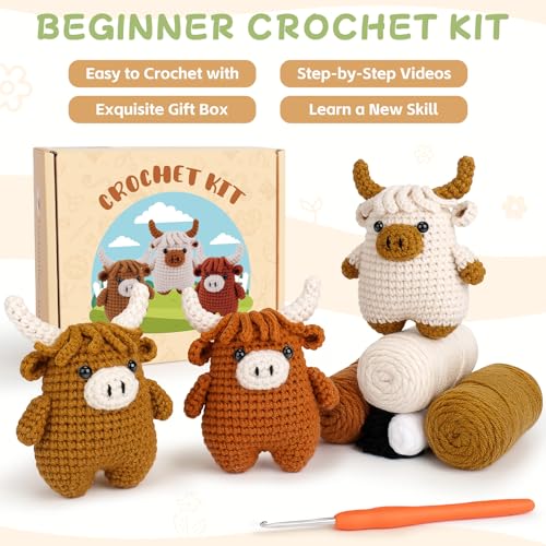 Fortuning's JDS Crochet Kit for Beginners - Crochet Highland Cow Beginner Crochet Kit for Adults, Complete Scottish Cow Crochet Animal Kits, Easy Crocheting Knitting Starter Kits Gifts - color: Brown Highland Cow