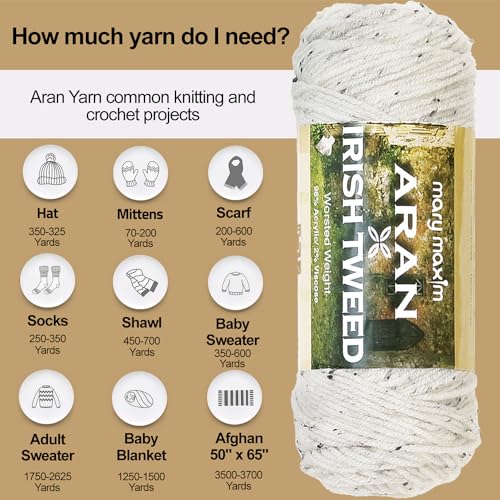 Mary Maxim Aran Irish Tweed Yarn 98% Acrylic 2% Viscose, 205 Yards | Aran Yarn, 4 Medium Worsted Weight, Knitting and Crochet Yarn, Clothing Blankets and Afghans, Multipurpose, Country Style - color: IRISH TWEED YARN