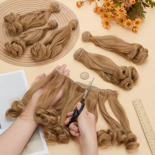 6 Pcs Doll Wig 200mm Doll Curly Wigs Long Hair Extension Tan Color for Doll Making Kit Arts Supplies DIY Handmade Crafts - style: Tan Curly