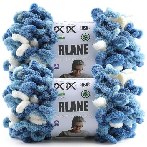 Loop Yarn for Finger Knitting Soft - ChunkyYarn for Hand Knitting - 2 Pack of 180 G/6.4Oz - #7 Jumbo - 18 Yards - Chenille BlanketYarn for Crocheting Blankets - color: Denim Blue - White