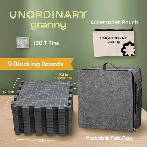 Unordinary Granny® Crochet Blocking Set-9Pc Extra Thick 12x12 Interlocking EVA Foam Mats with Grids, 150 T-Pins, Premium Felt Bag and a Cotton Pouch, Grey - color: Grey