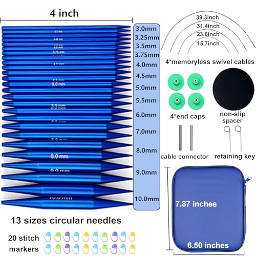 Hobekoee 13 Pairs Interchangeable Circular Knitting Needles Set | 3mm-10mm Interchangeable Aluminum Round Knitting Needles Set with 4 Swivel Cables for DIY Knitting Lovers - color: Blue