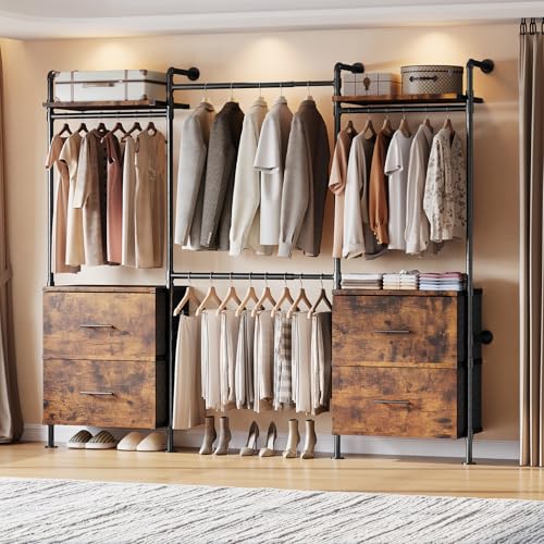 ONBRILL T4 Wall Mounted Closet System with 4 Large Drawers & 4 Hanging Rods | Adjustable from 4'4'' to 5'9'', Industrial Pipe Clothing Rack with 8 Wood Shelves, Heavy Duty Closet Organizers, Rustic Brown - color: Rustic Brown
