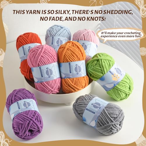 12 Pack Fluff Chenille Chunky Yarn for Crocheting Premier Puzzle - Velvet Baby Crochet Yarn with Black White Purple Pink Blue Coffee Red Premier Khaki Yellow Amigurumi Yarns Set B - color: 12 B