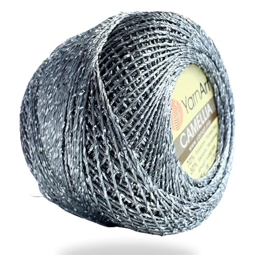 Yarnart Camellia Metallic Shimmer Fine Yarn - 70% Polyester, 30% Metallic, 192m, 20g, Crochet Thread, Lace, Embroidery, Jewelry Making, and Decorative Craft Yarn, 1.25mm Hook (Gray, 20g Skein) - color: Gray, size: 20g Skein