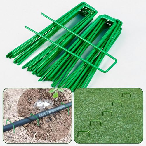 100 Pcs Landscape Staples, Galvanized Garden Stake, 6 Inch, Green | Anti-Rust, U-Shaped Pins Stakes, Galvanized Steel Ground Stake, Sod Pins Stakes for Weed Barrier Landscaping Fabric