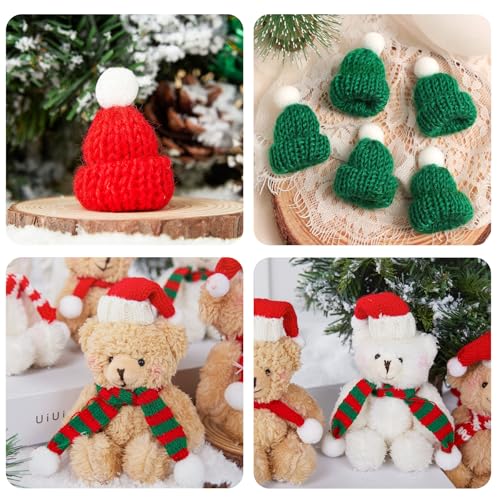 30 Pcs Mini Knit Hats and Christmas Scarves Set with 20 Pcs Black Plastic Miniature Top Caps for Tree Ornaments, DIY Art Crafts, Snowman Doll