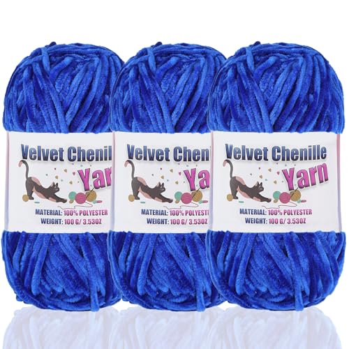 3 * 100g Fluffy Velvet Chenille Yarn for Crocheting and Knitting, Handcrafts Weaving Soft Chenille Yarn for Crocheting Clearance, Used for Making Baby Yarn Blanket, Clothes (3 - Sapphire Blue) - color: 3 - Sapphire Blue