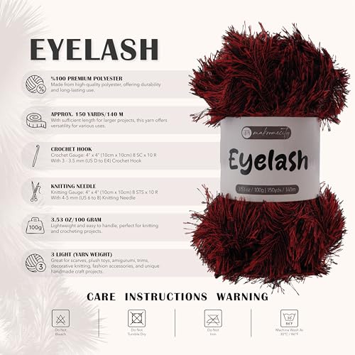 Makromecity Eyelash Yarn – Fuzzy Fun Fur Yarn, 3.53 Oz (100g) 150 yd (140m), Weight 3 Light, Premium Polyester Novelty Feather Yarn for Scarves, Amigurumi, Plush Toys & Craft (Red-Black, 1 Skein) - color: Red-Black, size: 1 Skein