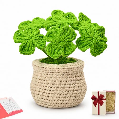 Handmade Crochet Plant Four Leaf Clover Flower Pot for Thank You | A heartfelt handmade gift that brings happiness, friendship, and warm wishes. Perfect for mom, friend, and thinking of you. - color: Clover-white Pot