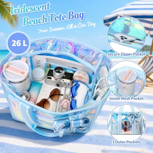 Sisipoet Women Clear Beach Bag, Large Iridescent Clear Tote Bag with Phone Pouch and Strap, Heavy Duty Waterproof Jelly Tote - color: Iridescent-blue