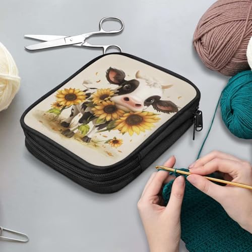 Cartoon Cow Crochet Hook Case Sunflower Portable Knitting Needle Case with Web Pockets Swing Crochet Hooks Accessories Easy to Take - color: Cartoon Cow Sunflower