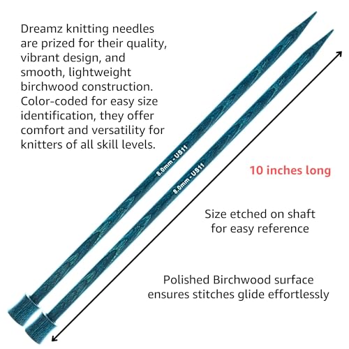 KnitPro Dreamz Deluxe 10-Inch Straight Single Point Knitting Needle Set | US 4, 6, 7, 8, 9, 10, 10.75, 11 Incl. Birchwood, Color-Coded, Sharp Tips, Fabric Case, Project Bag