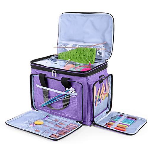 LUXJA Portable Yarn Knitting Storage Tote Bag, Purple | Fits Knitting/Circular Needles Up to 14 Inches, Yarn Bag With Cover & Shoulder Strap for Crochet Hooks & Craft Accessories - color: Purple