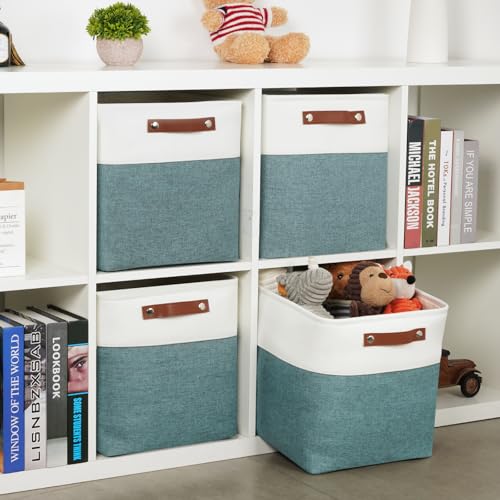 DULLEMELO Set Of 4 Cube Storage Bins, Fabric Storage Basket for Shelves Closet Nursery Toy Storage, 12 inch Fabric Storage Cubes Bins Canvas Organization Baskets (White&Deep Green) - color: White&Dark Green, size: M-12"x 12"x12"