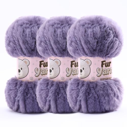 3 Skeins Faux Fur Yarn Soft Fluffy for Crocheting - Chunky Fuzzy Yarn for Crochet Amigurumi, Blankets, Scarves and Sweaters - Each 3.5 oz/100 g, 71 yds/65 m (3, Purple-Gray) - color: Purple-Gray