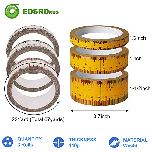 EDSRDRUS 3 Rolls Ruler Tape 1/2, 1, 1-1/2 Inch Repeating 12inch No Gap Color Imprint, No Residue Masking Tape Measure for Painting, Woodworking, Sewing & DIY(White) - color: White, size: No Gap - (1/2in+1in+1-1/2in) * 67Yard