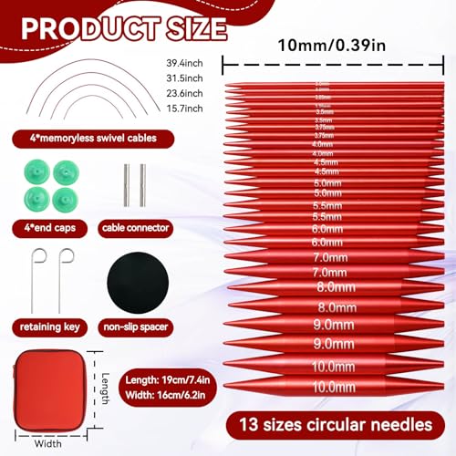 Interchangeable Knitting Needle Set with Circular Cable for Crafters, 13 Circular Knitting Needles with 4 Cables for Beginner, DIY Crafts, 3-10 mm Aluminum Red Needle Set