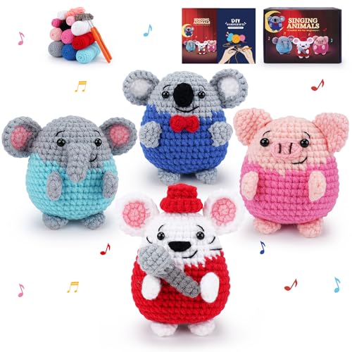 Crochet Kit for Beginners - 4 PCS Crochet Starter Kit With Step-by-Step Video Tutorials, for Adults - Elephant Mouse Pig Koala Microphone Crocheting Set - color: Elephant Mouse Pig Koala