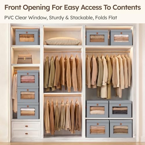 Homsorout Storage Bins with Lids - Front Opening Storage Box with Clear Window & Handles, Stackable Foldable Fabric Bins for Closet Organization, Clothes, Sweaters, Towels, Blankets, 3 Pack, Grey - color: Grey, size: Medium - 3 Pack