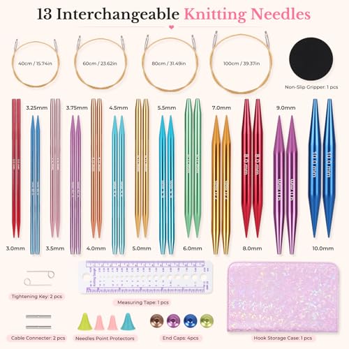 Katech 13 Pairs Interchangeable Circular Knitting Needles (3.0mm~10.0mm) | Knitting Needle Set with Flexible Cables-Perfect for Sweater/Beanie Hat/Blanket/Afghan/Socks-Ideal Gift for Beginners - size: 4.53 inch（interchangeable）
