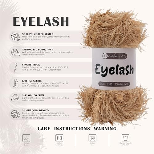Makromecity Eyelash Yarn – Fuzzy Fun Fur Yarn, 3.53 Oz (100g) 150 yd (140m), Weight 3 Light, Premium Polyester Novelty Feather Yarn for Scarves, Amigurumi, Plush Toys & Craft (Camel, 1 Skein) - color: Camel, size: 1 Skein