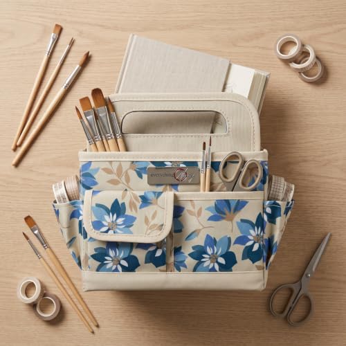 Everything Mary Desktop Tote Organizer – Tan Floral Craft Bag – Portable Storage for Art Supplies, Sewing, Scrapbooking, DIY Tools & Creative Project Organization - color: Tan Floral