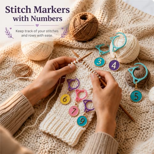 20 PCS Numbered Stitch Markers, Cat Crochet Markers 0-9 | Count rows and track patterns easily with cute enamel markers and clear numbers for crochet and knitting projects. - color: Purple and Green