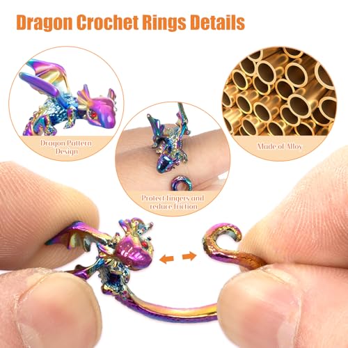 HUISUYTON 4PCS Adjustable Dragon Crochet Tension Ring for Finger(Colorful) | Dragon Crochet Yarn Tension Rings for Crocheting, Crochet Rings for DIY Crocheting and Sewing Crafts - color: Multi